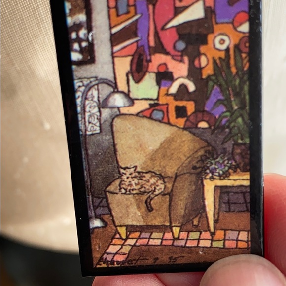 Vintage Cat Pin Black Purple Red Rectanglular Brooch - Picture 2 of 3